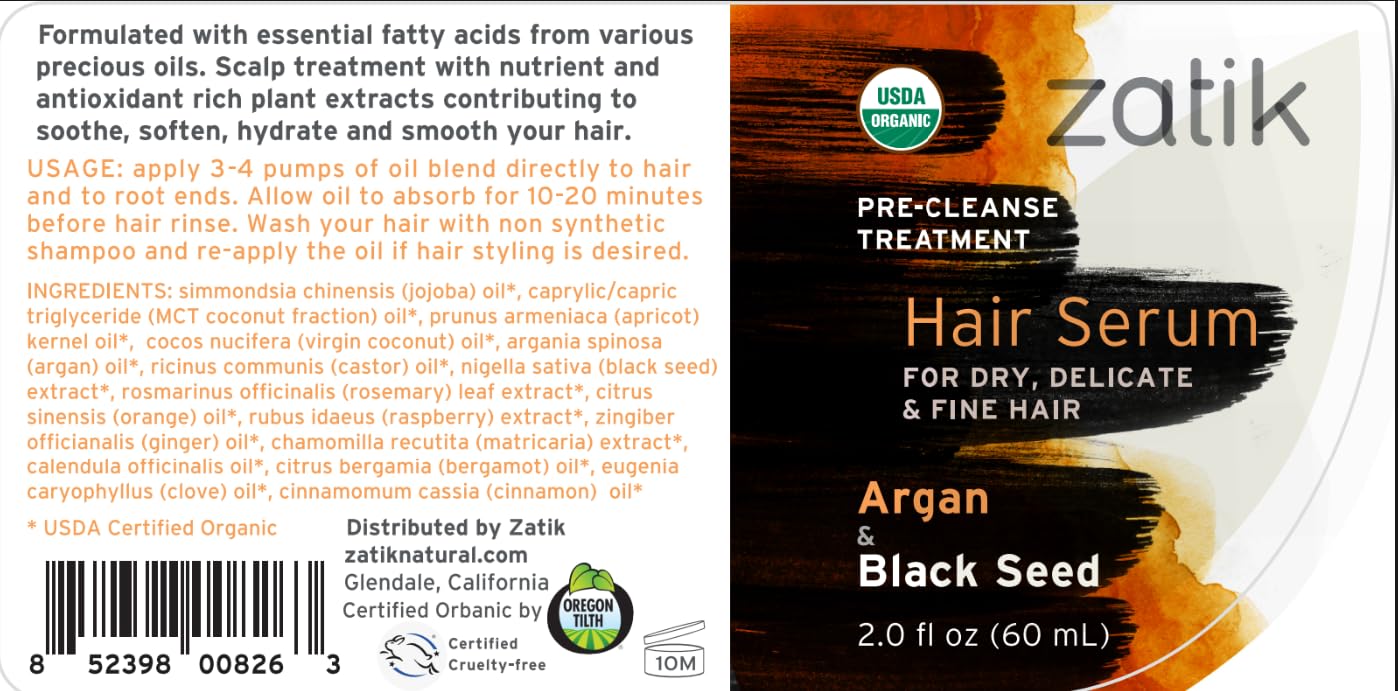 Zatik Naturals - Argan & Black Seed Organic Oil Blend For Curl enhancing, and Fine Hair Vegan Non GMO Gluten(2.0 fl oz, 60ml) Free Soy,Alcohol, pH Balanced Biodegradable Zatik