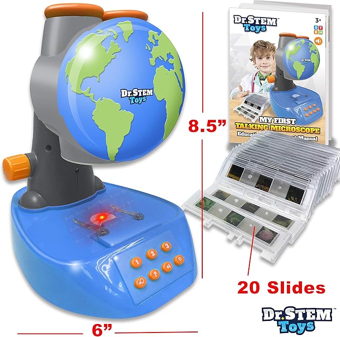 Dr. STEM Toys - Talking Microscope for Kids with Twenty Slides Containing Sixty Specimens, Over 120 Quiz Facts, Adjustable Focus, and Light-Up Platform Dr. STEM Toys