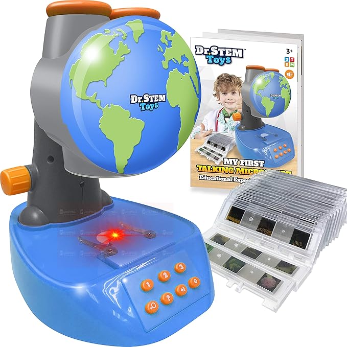 Dr. STEM Toys - Talking Microscope for Kids with Twenty Slides Containing Sixty Specimens, Over 120 Quiz Facts, Adjustable Focus, and Light-Up Platform Dr. STEM Toys