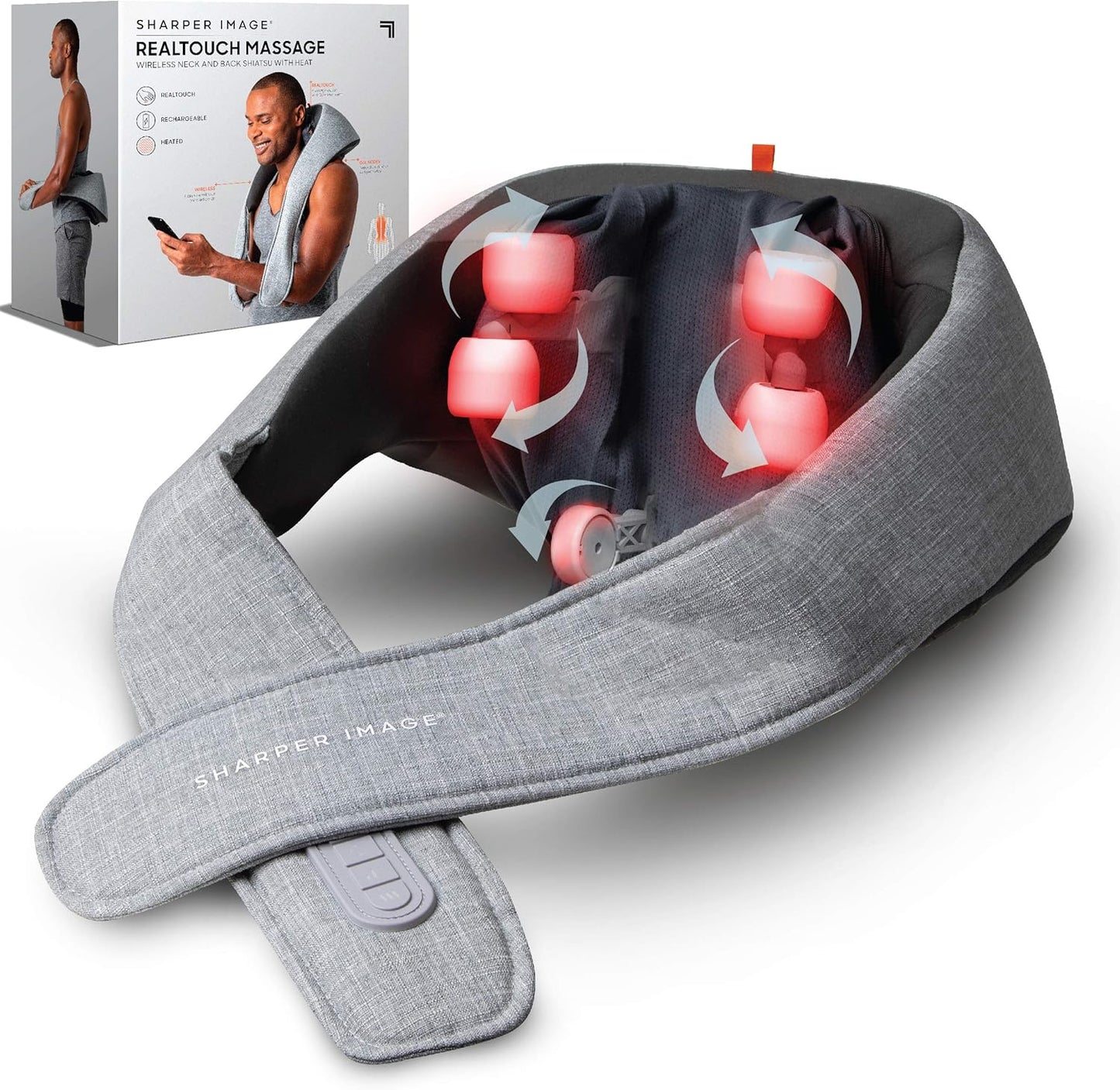Sharper Image Realtouch Shiatsu Massager, Warming Heat Soothes Sore Muscles, Wireless & Rechargeable - Best Massager for Neck Back Shoulders Feet Legs, Kneading Massage Pillow, Pain Relief Gift Y Pay More
