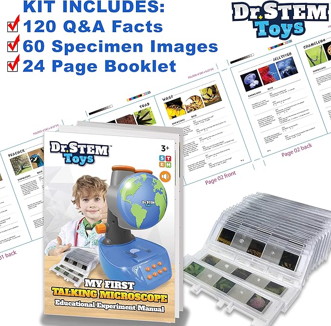 Dr. STEM Toys - Talking Microscope for Kids with Twenty Slides Containing Sixty Specimens, Over 120 Quiz Facts, Adjustable Focus, and Light-Up Platform Dr. STEM Toys