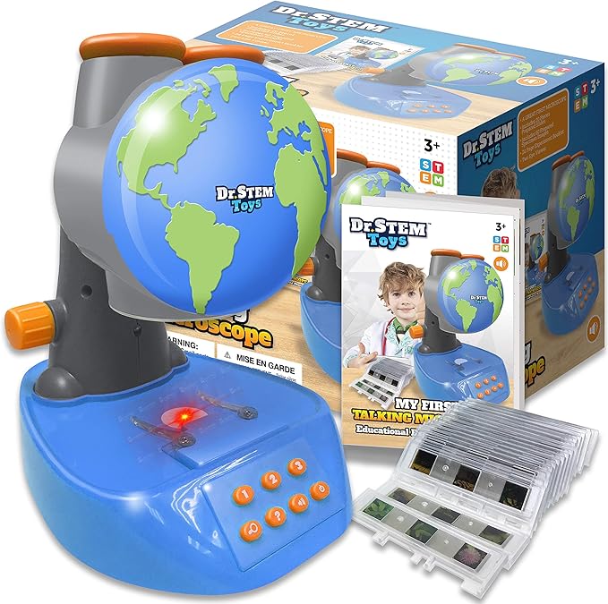 Dr. STEM Toys - Talking Microscope for Kids with Twenty Slides Containing Sixty Specimens, Over 120 Quiz Facts, Adjustable Focus, and Light-Up Platform Dr. STEM Toys