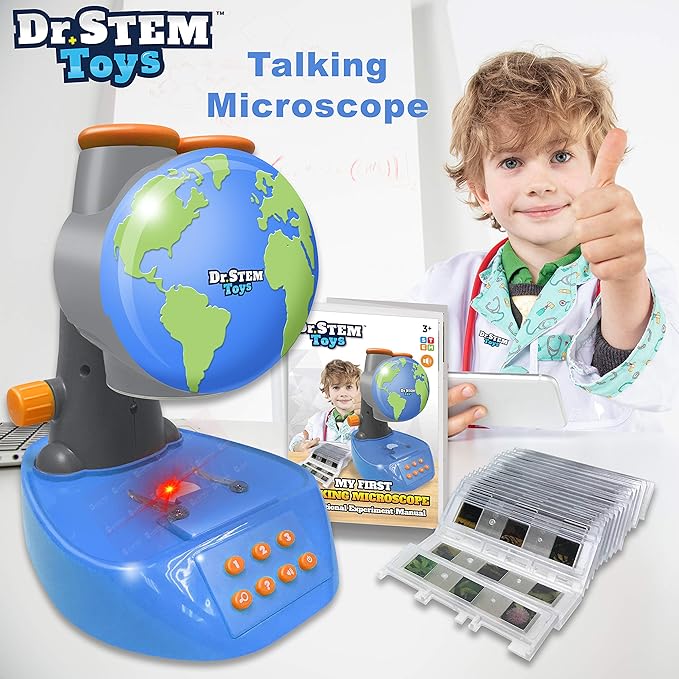 Dr. STEM Toys - Talking Microscope for Kids with Twenty Slides Containing Sixty Specimens, Over 120 Quiz Facts, Adjustable Focus, and Light-Up Platform Dr. STEM Toys