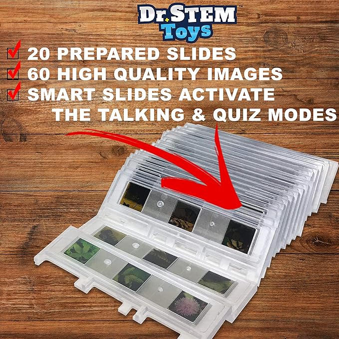 Dr. STEM Toys - Talking Microscope for Kids with Twenty Slides Containing Sixty Specimens, Over 120 Quiz Facts, Adjustable Focus, and Light-Up Platform Dr. STEM Toys