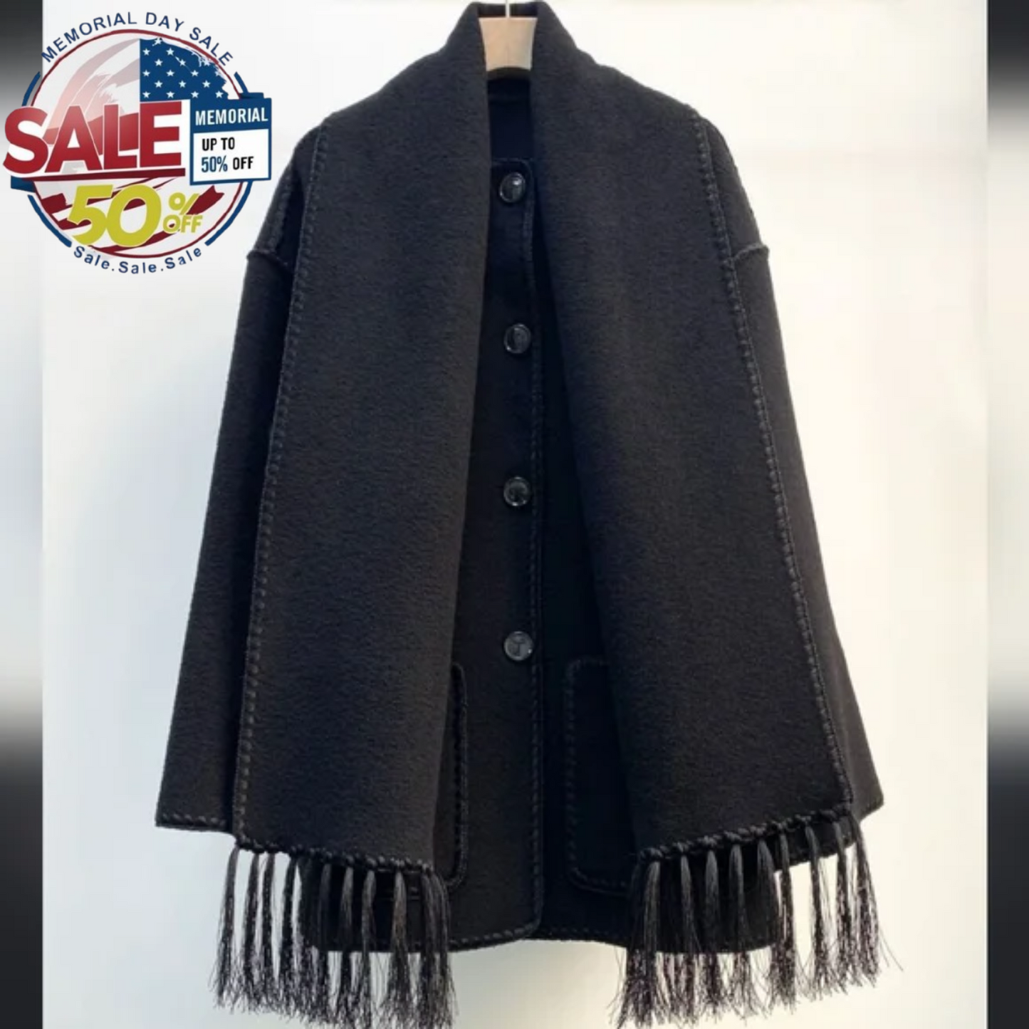 Embroidered Black Wool Blend Coat + Scarf Size (L) | Perfect Memorial Day Sale Y Pay More