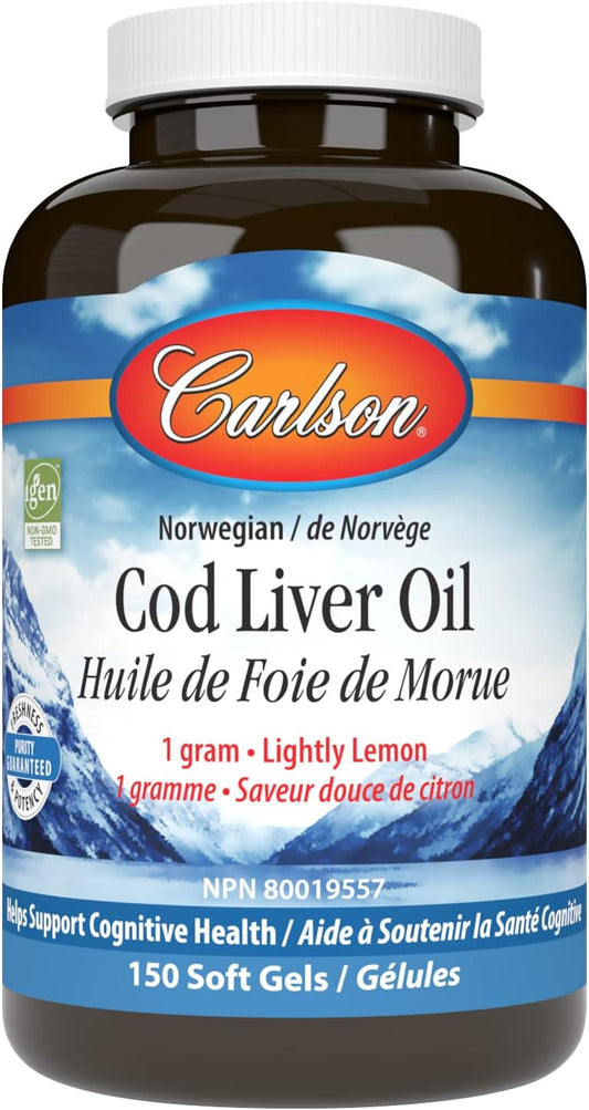 Carlson - Cod Liver Oil Gems, 460 mg Omega-3s + Vitamins A & D3, Wild-Caught Norwegian Arctic Cod-Liver Oil, Sustainably Sourced Nordic Fish Oil Capsules, Lemon, 150 Soft Gels Y Pay More