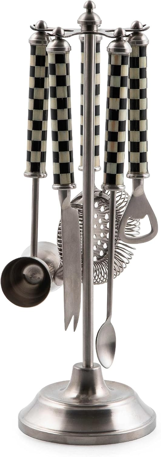 MACKENZIE-CHILDS 3260 Bar-Tool Set, 5-Piece Set with Stainless-Steel Jigger, Strainer, Bottle Opener, Mixing Spoon, Knife, and Stand, Black-and-White Courtly Check Y Pay More