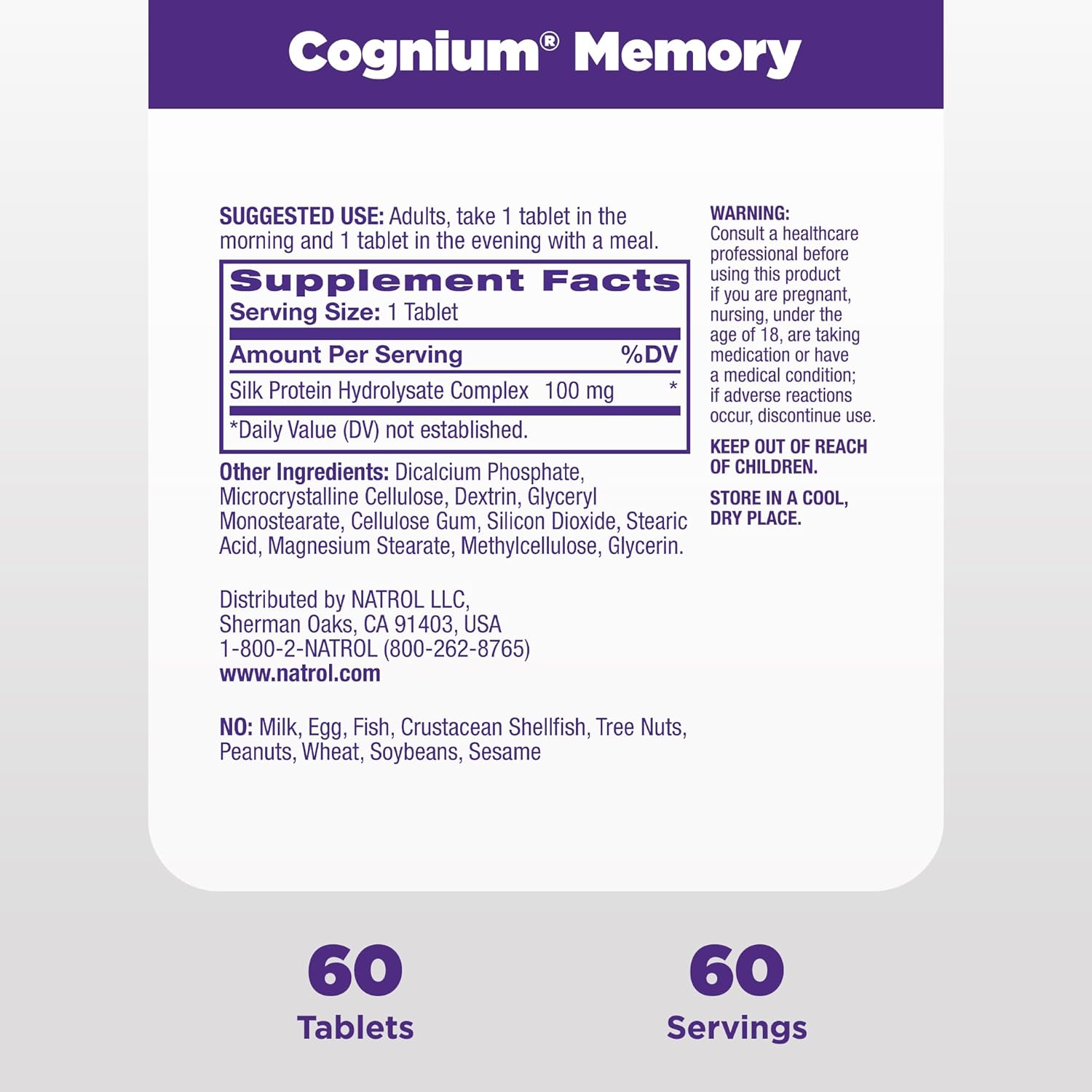 Natrol Cognium Memory Silk Protein Hydrolysate 100mg, Dietary Supplement for Brain Health Support, 60 Tablets, 30 Day Supply Y Pay More