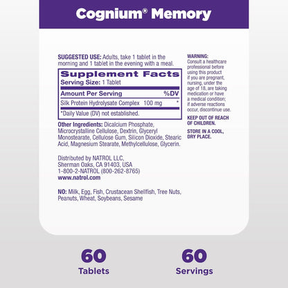 Natrol Cognium Memory Silk Protein Hydrolysate 100mg, Dietary Supplement for Brain Health Support, 60 Tablets, 30 Day Supply Y Pay More