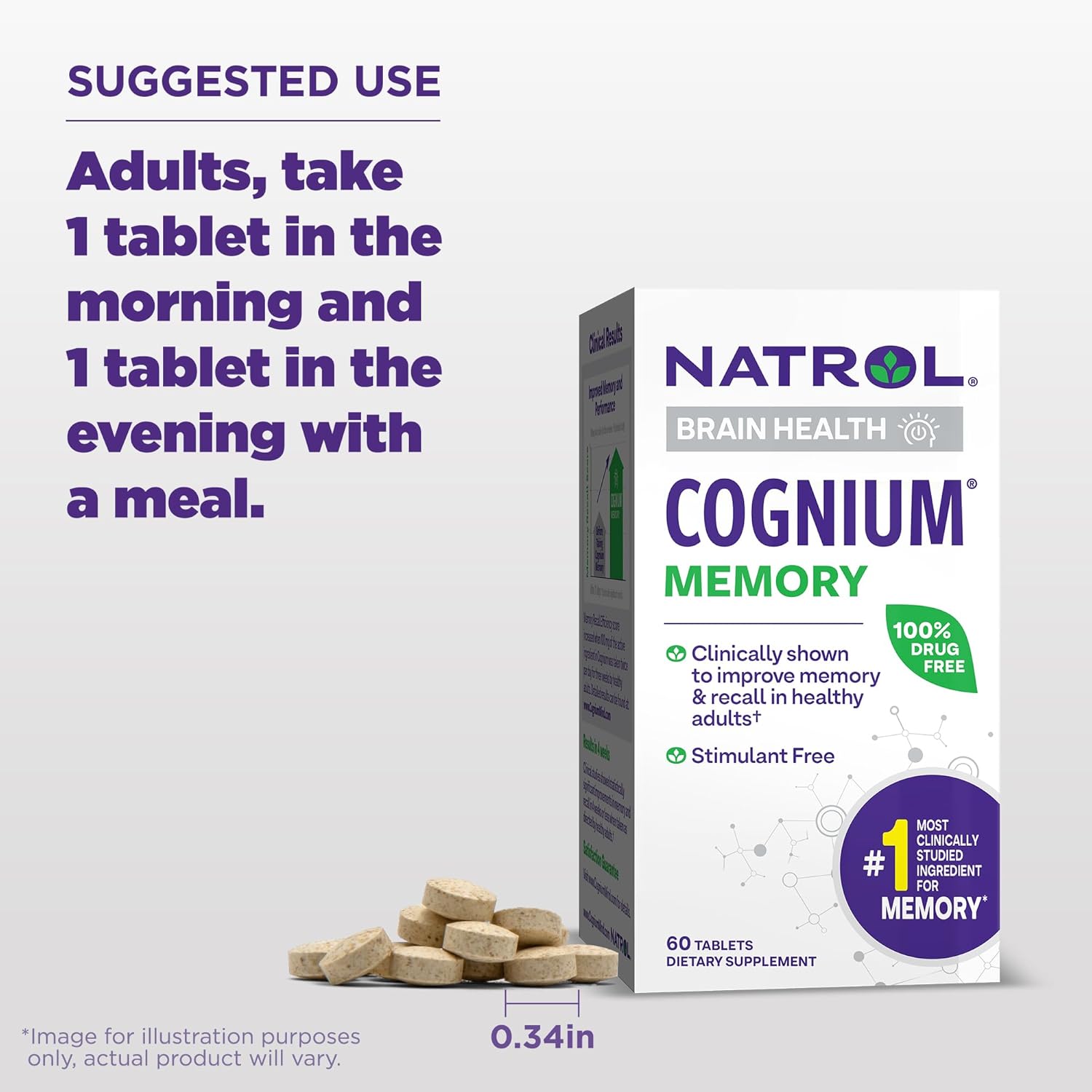 Natrol Cognium Memory Silk Protein Hydrolysate 100mg, Dietary Supplement for Brain Health Support, 60 Tablets, 30 Day Supply Y Pay More