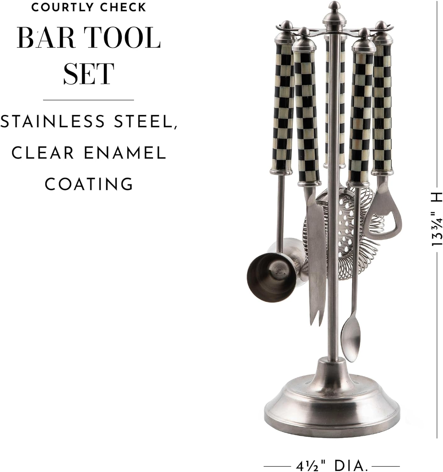 MACKENZIE-CHILDS 3260 Bar-Tool Set, 5-Piece Set with Stainless-Steel Jigger, Strainer, Bottle Opener, Mixing Spoon, Knife, and Stand, Black-and-White Courtly Check Y Pay More