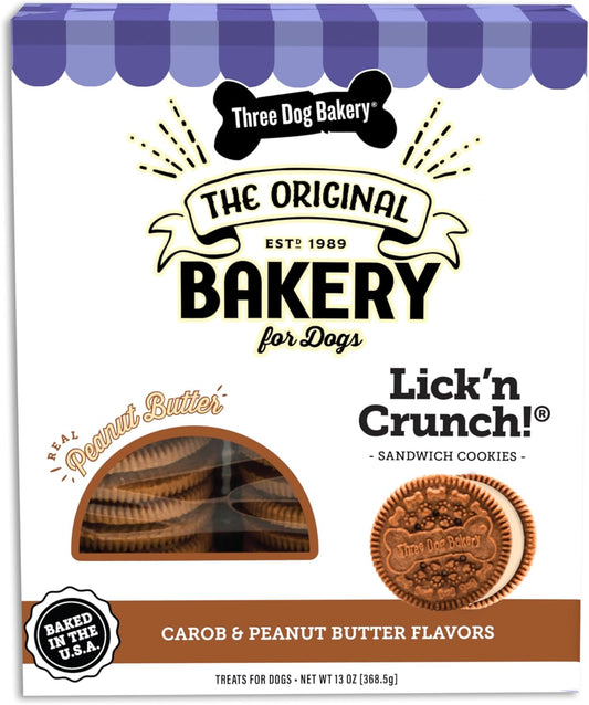 Three Dog Bakery Lick'n Crunch Sandwich Cookies Premium Dog Treats with No Artificial Flavors, Carob and Peanut Butter Flavor, 13 Ounces (Pack of 1) Y Pay More