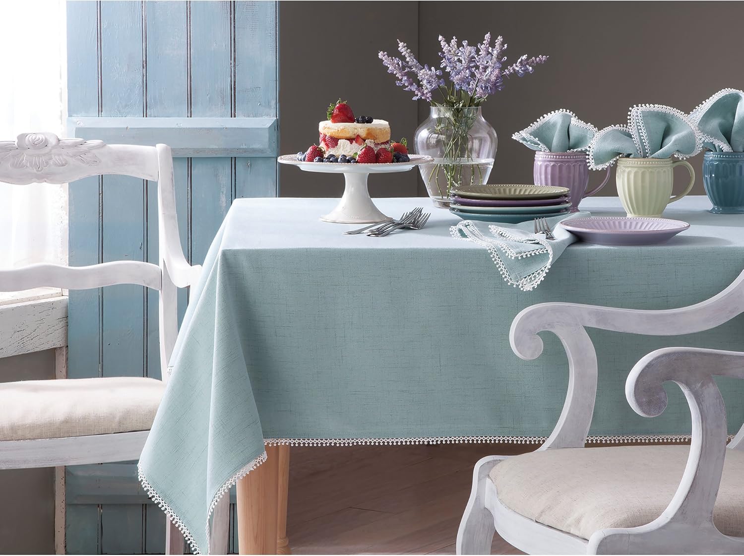 Lenox French Perle Solid 60"x 84" rectangle Tablecloth, Ice Blue Y Pay More