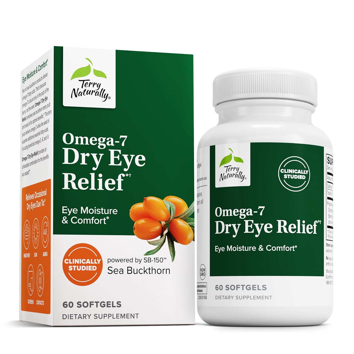 Terry Naturally Omega-7 Dry Eye Relief - Eye Health Supplement with Buckthorn Seed Oil - Dietary Supplement to Aid Dry Eye Relief - 60 Softgels Y Pay More