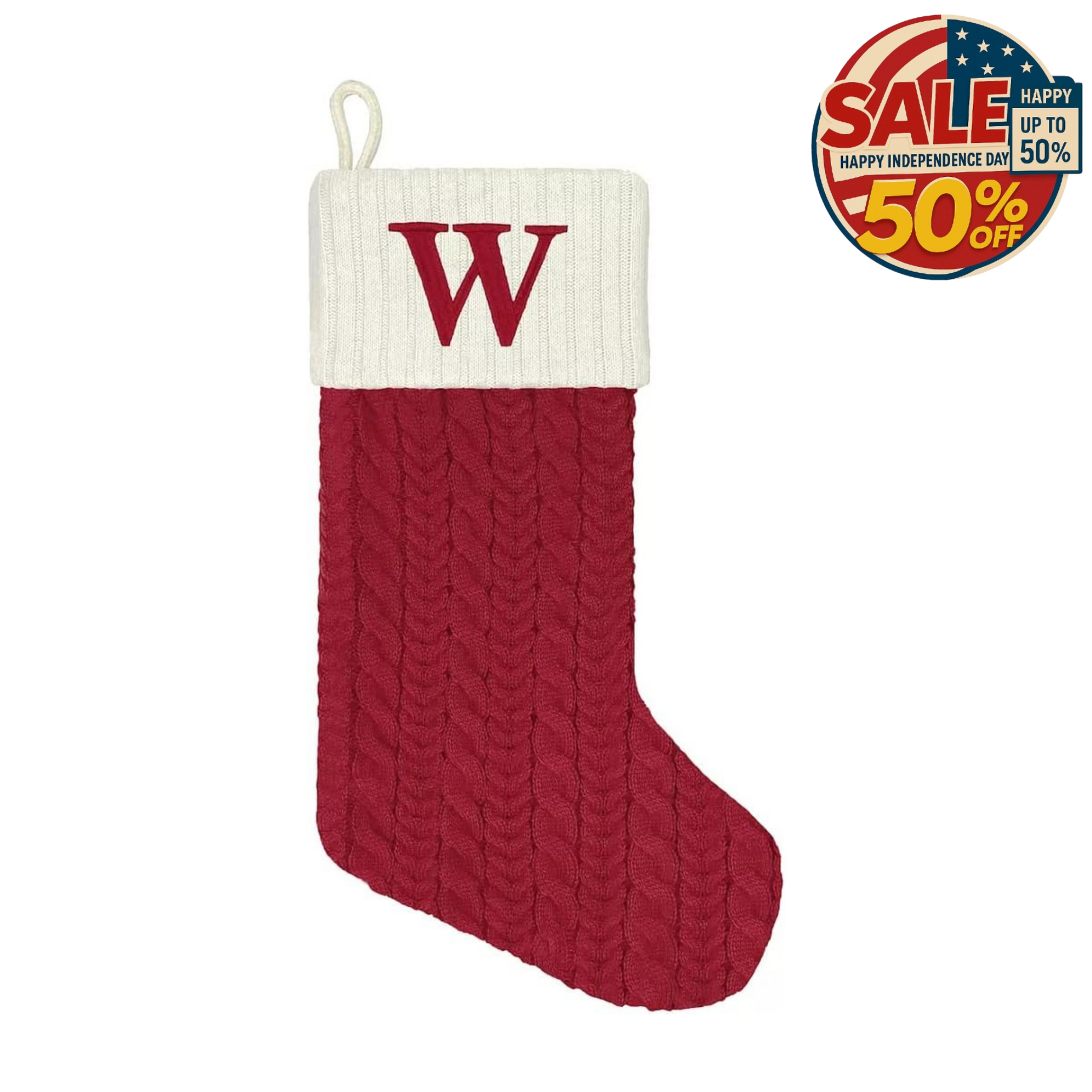 Christmas Stocking Knit Monogram Embroidered Letter (W) 21" | Independence Day Y Pay More