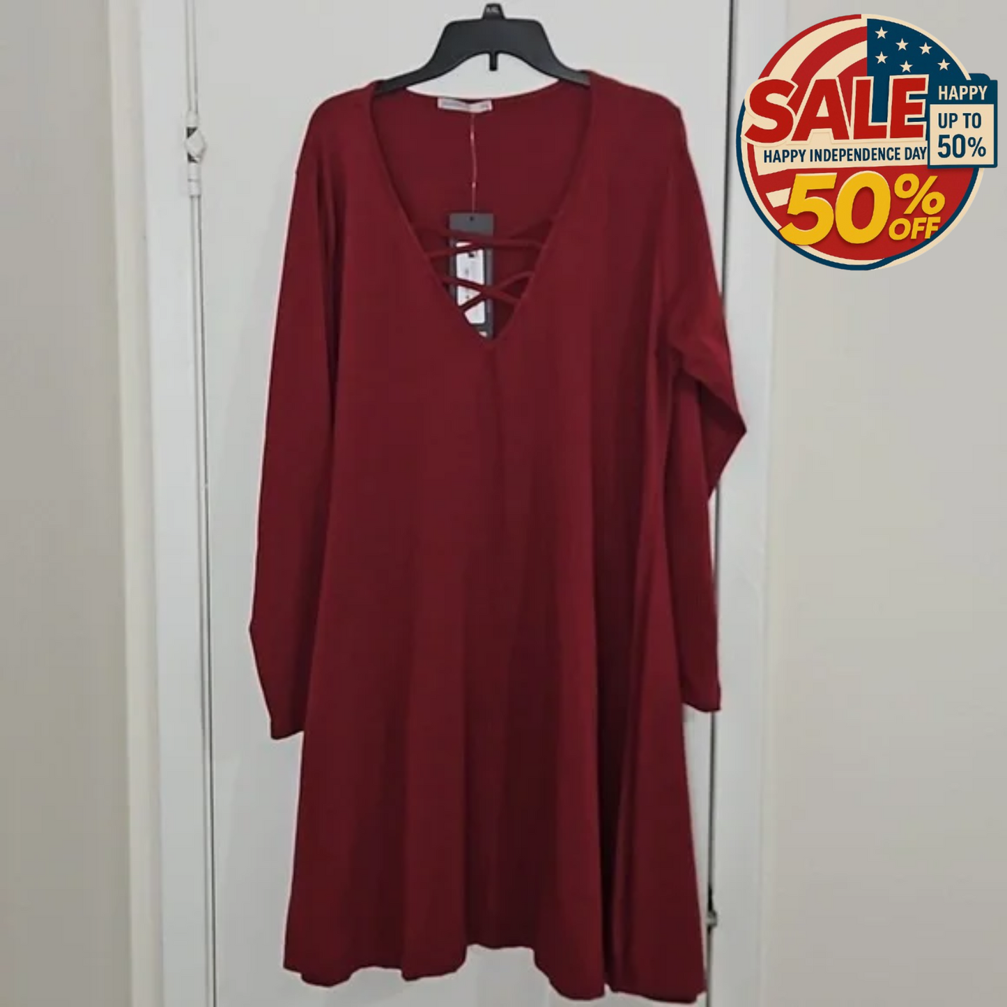 Rebdolls Burgundy Dress Long Sleeves, Size 3X, 95% Cotton Happy Independence Day Rebdolls