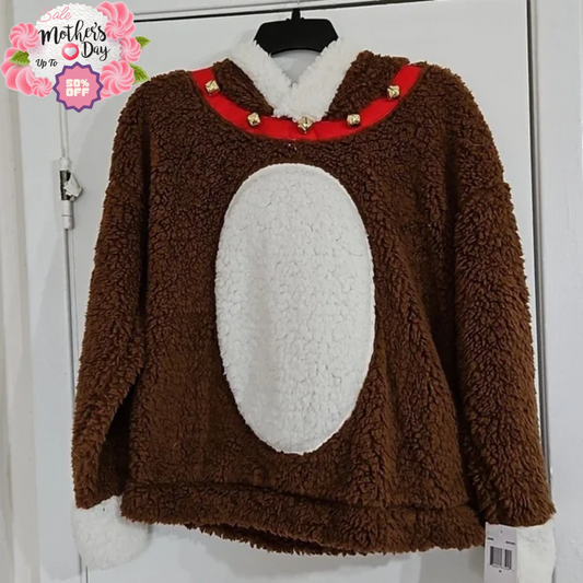 Cute Brown Christmas Hoodie w/ Bells & Horns Size M | Best for Mother's Day Gift Y Pay More