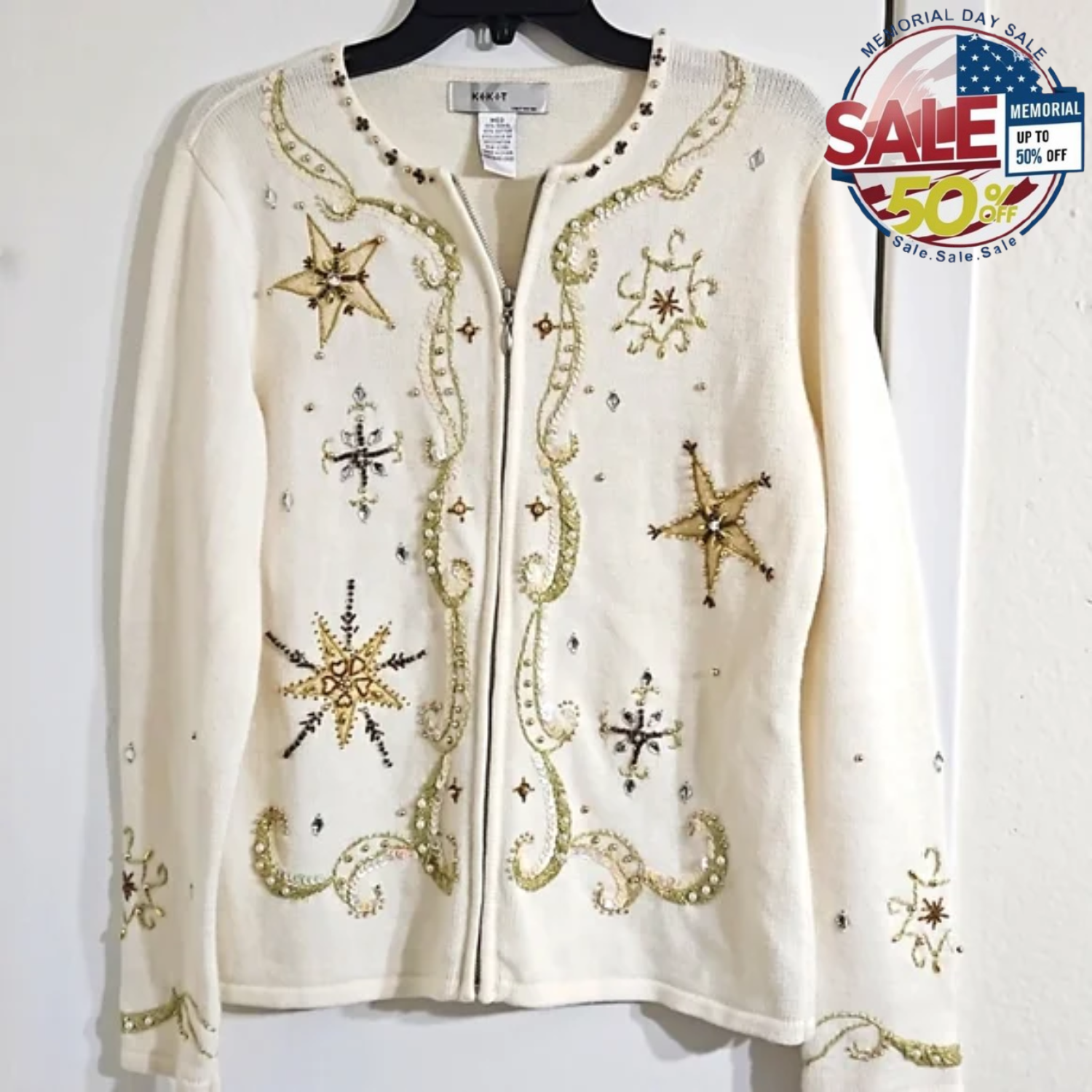 Elegant Beaded Embroidered Sweater Jacket Size M PreOwned | Memorial Day Sale Y Pay More