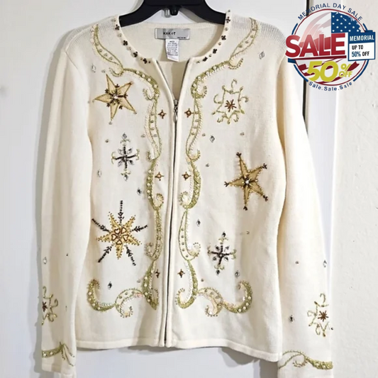 Elegant Beaded Embroidered Sweater Jacket Size M PreOwned | Memorial Day Sale Y Pay More