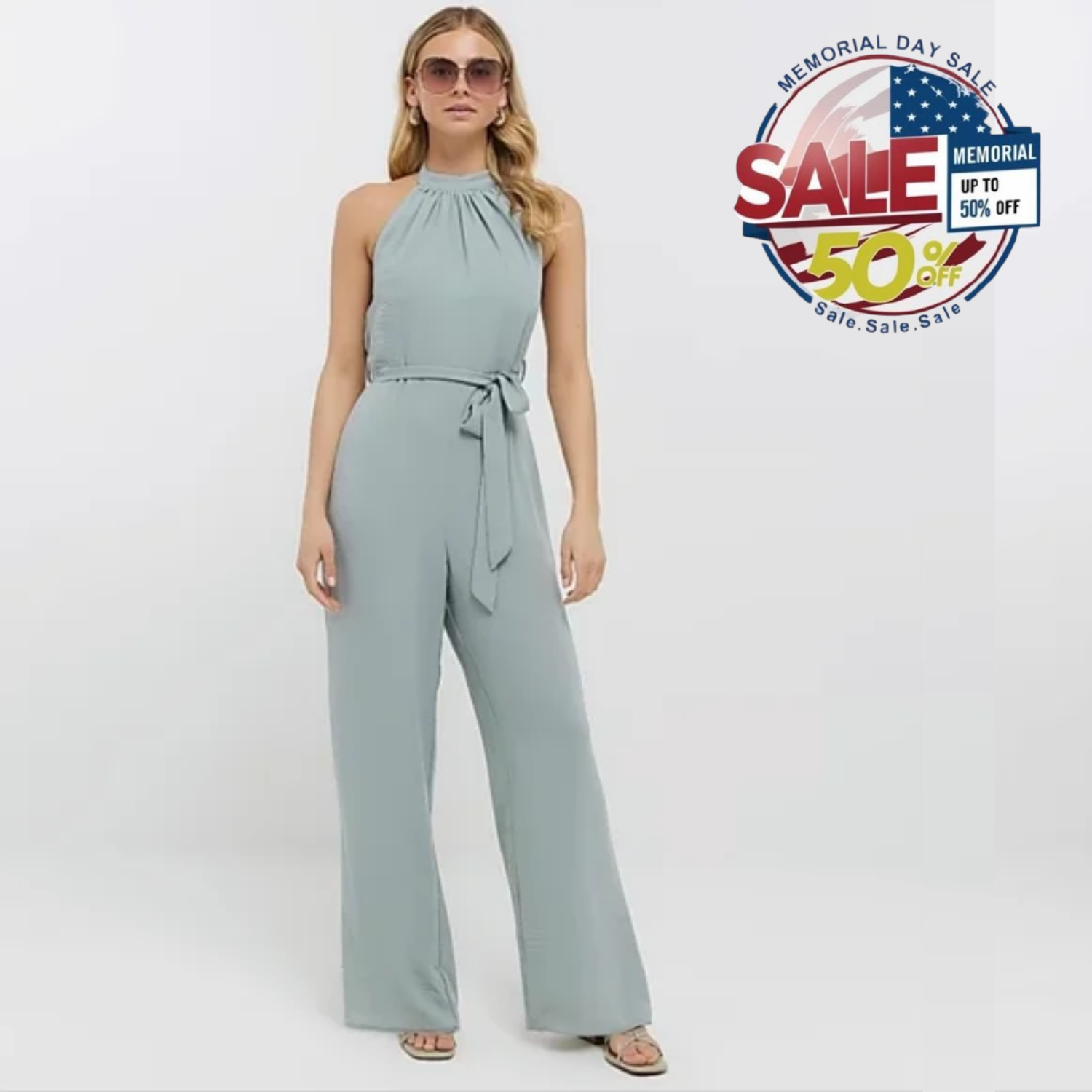 Elegant Pastel Green Jumpsuit Size M Elastic Fit 46" Length | Memorial Day Sale Y Pay More