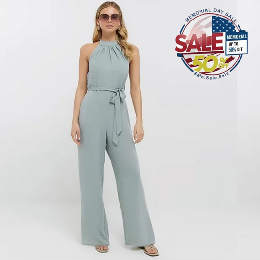 Elegant Pastel Green Jumpsuit Size M Elastic Fit 46" Length | Memorial Day Sale Y Pay More