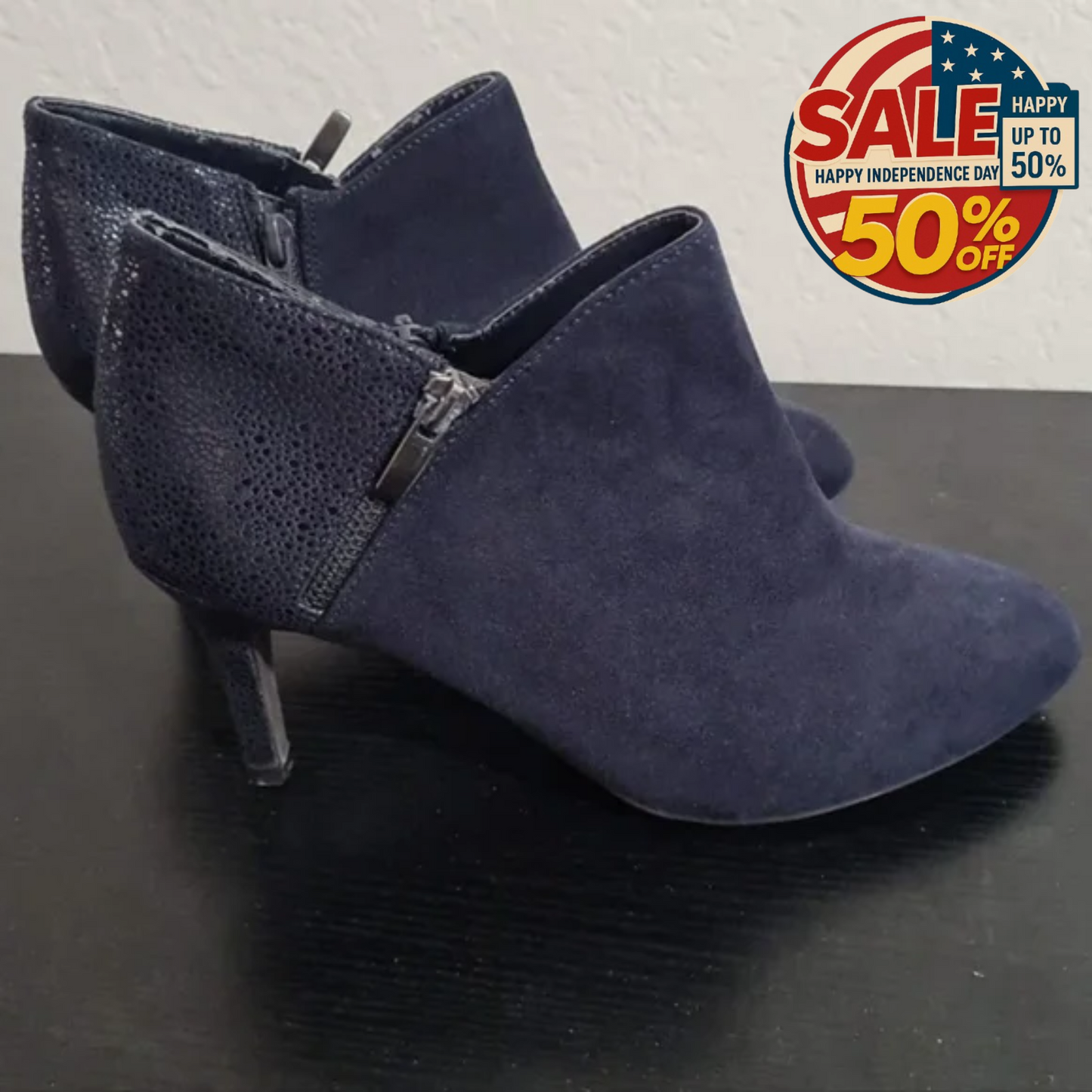 M&S Navy Blue Suede Ankle Boots High Heels 3.25" Elegant NWT | Independence Day Y Pay More