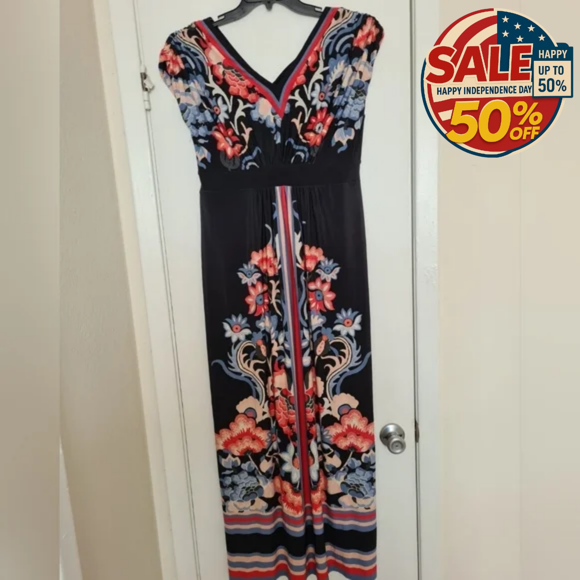 Lovely Floral Maxi Dress V Neck Size 10 Lined Pattern | Happy Independence Day Y Pay More