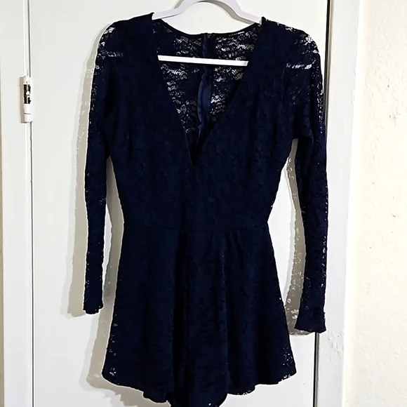 Fashion Nova Navy Blue Lace Romper S/M Y Pay More