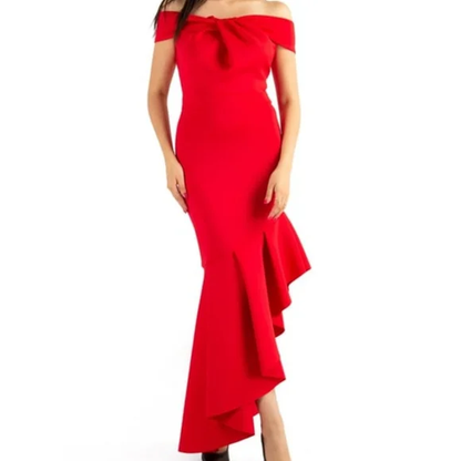 Off Shoulder Asymmetric Cut Scuba Red Dress 8-10 Y Pay More