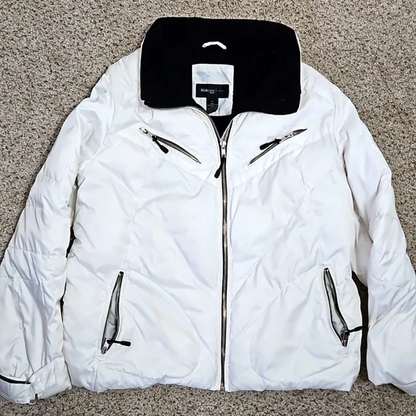 Women’s Style & Co. Sport Petite White Puffer Jacket Black Zippers, L Y Pay More